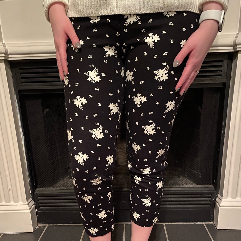 LOFT Black Capris with White Floral Design
